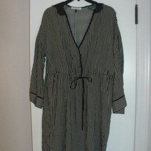 HALSTON HERITAGE Black Gray Stripe Long Sleeve Lace Trim Drawstring Waist Dress